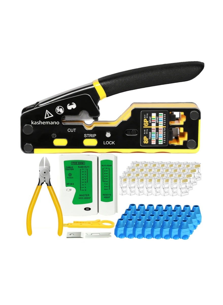 RJ45 Crimp Tool Kit, Yellow Ethernet Pass Through Crimper, Network Cat5 Cat6 Cat7 Crimping Tool Repair Kit Includes Cable Tester, Mini Stripper, Blades, 50Pcs Connectors and Wire cutting plier